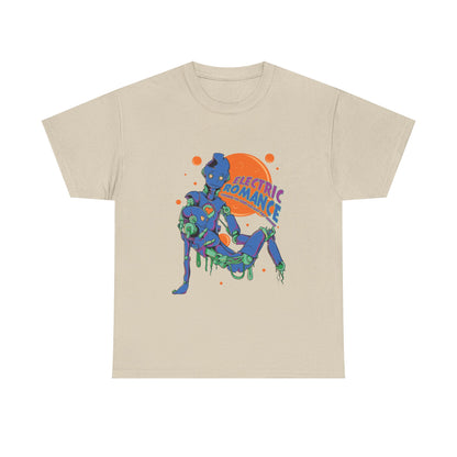 Luxury men’s electric romance t-shirt featuring vibrant futuristic robot art in soft beige fabric, perfect for tech enthusiasts.