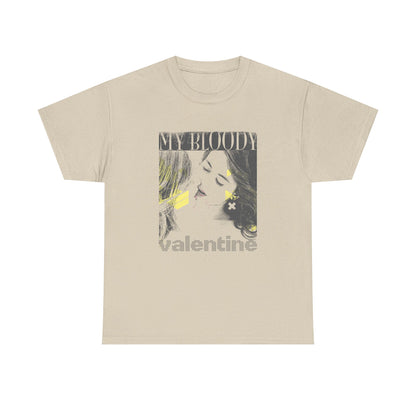 Elegant beige men's t-shirt adorned with a striking graphic print of a woman's portrait and bold lettering, 'MY BLOODY valentine', perfect for a contemporary wardrobe.