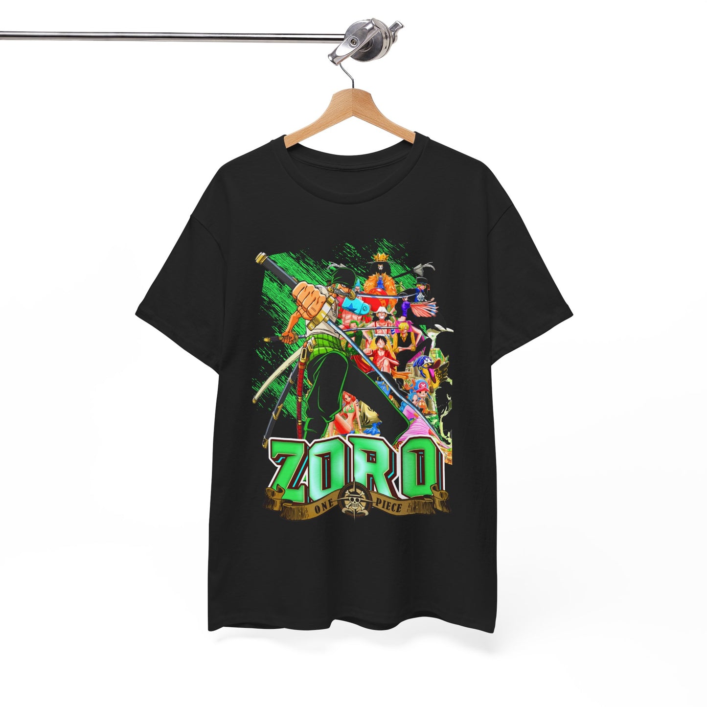 Stylish black One Piece Zoro T-shirt elegantly displayed on a hanger, showcasing the vibrant graphic and the bold name 'ZORO' for true aficionados.