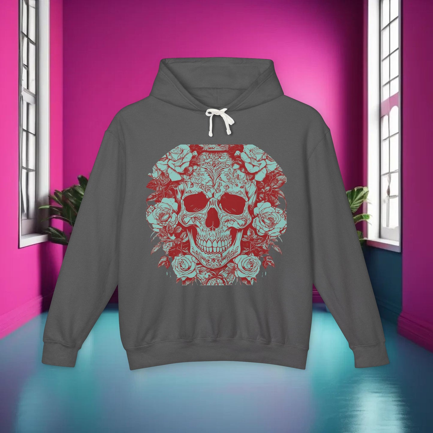 Skull and Roses Lightweight Hoodie, Unisex Edgy Designer Sweatshirt, Hipster