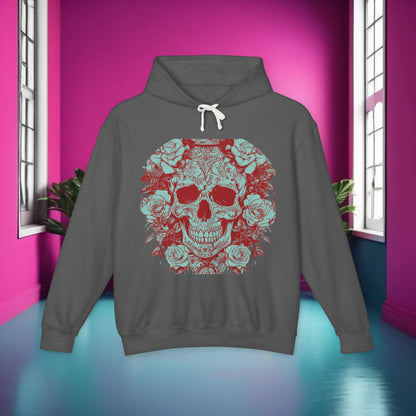 Sophisticated Skull and Roses Lightweight Hoodie, presented in a stylish environment, ideal for trendsetters seeking unique fashion.