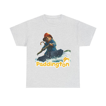 Premium Paddington Bear in Peru Graphic Unisex T-Shirt featuring a delightful design of Paddington Bear navigating through whimsical waters with a vibrant yellow typography on a light grey fabric.
