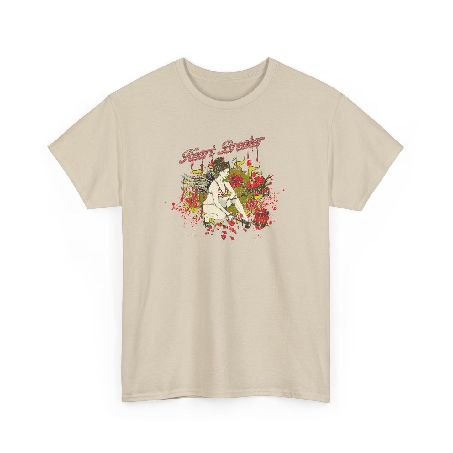 Artistic beige men's t-shirt adorned with a vibrant fantasy print of a fantasy pin-up, showcasing a heartbreaker theme with exquisite detail.
