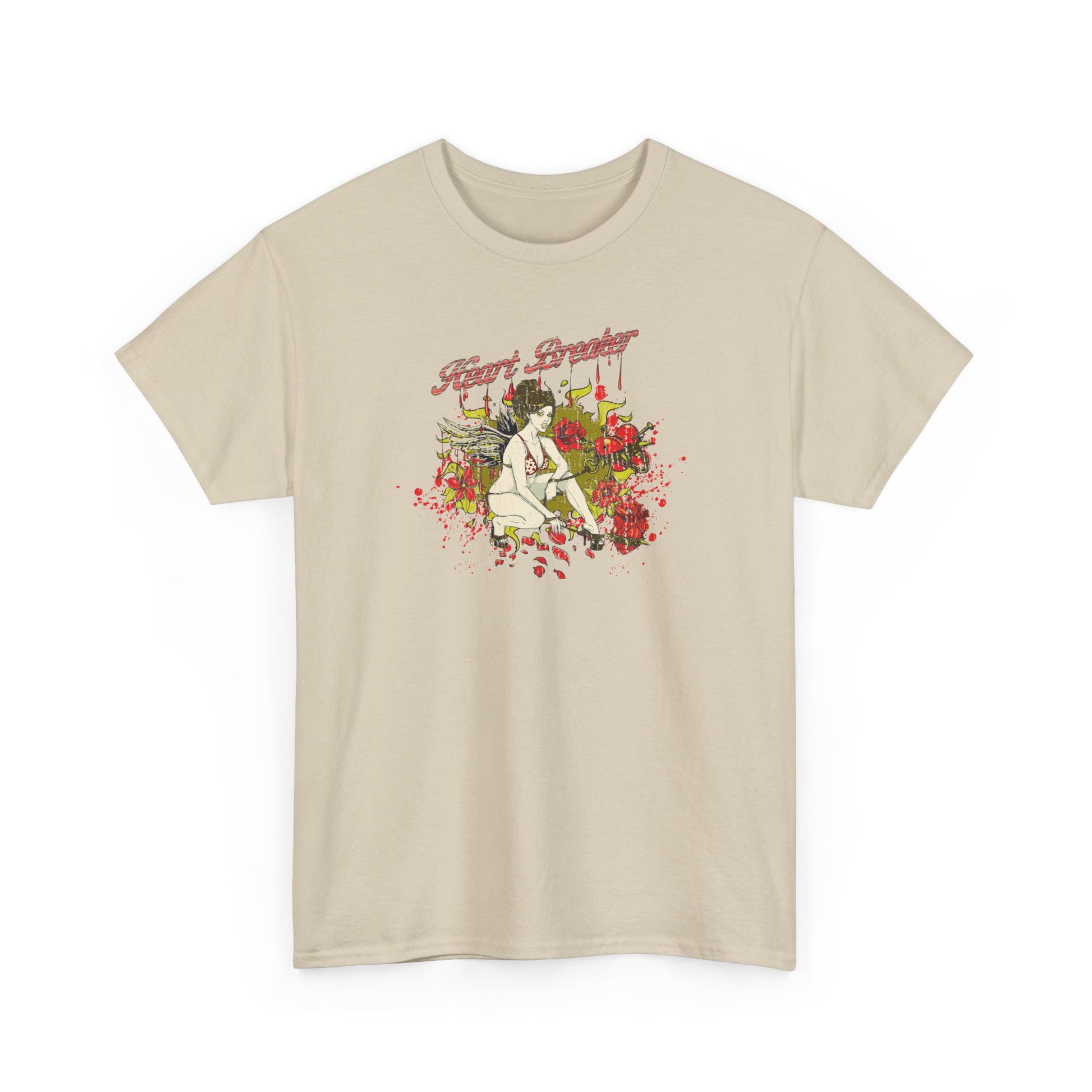 Artistic beige men's t-shirt adorned with a vibrant fantasy print of a fantasy pin-up, showcasing a heartbreaker theme with exquisite detail.