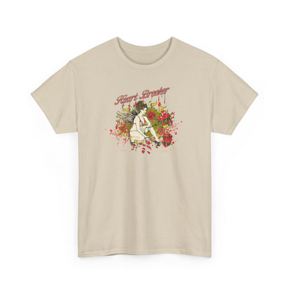 Artistic beige men's t-shirt adorned with a vibrant fantasy print of a fantasy pin-up, showcasing a heartbreaker theme with exquisite detail.