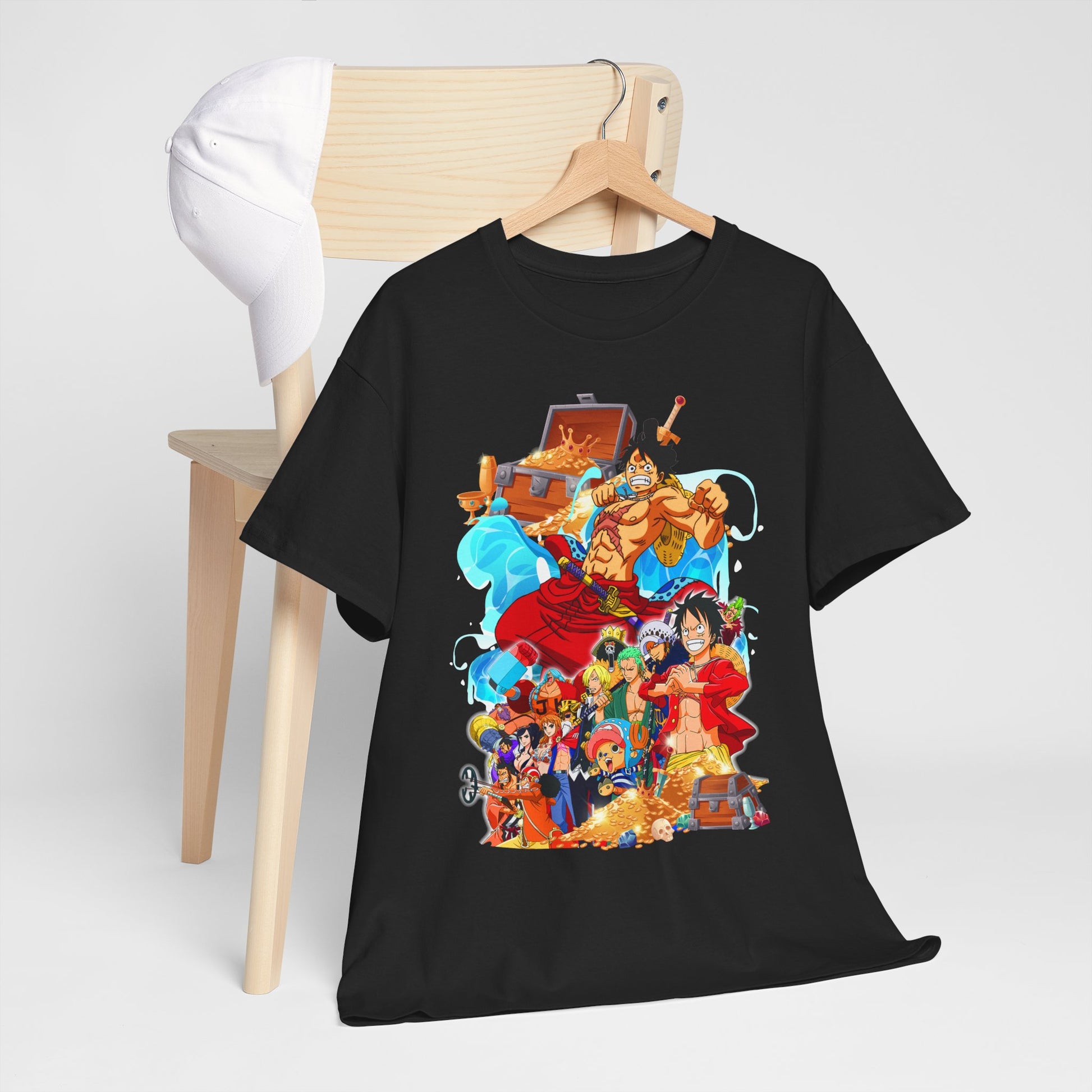 Elegant black t-shirt displayed on a minimalist chair, showcasing a striking anime-themed graphic with popular characters, capturing the spirit of adventure and style.