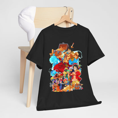 Elegant black t-shirt displayed on a minimalist chair, showcasing a striking anime-themed graphic with popular characters, capturing the spirit of adventure and style.