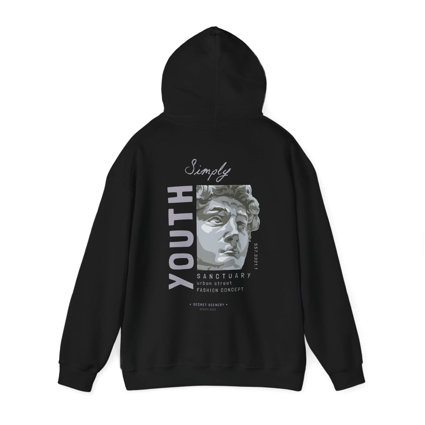 Chic black back print hoodie featuring an intricate graphic design with the word 'Youth', blending art and fashion in a luxurious manner.