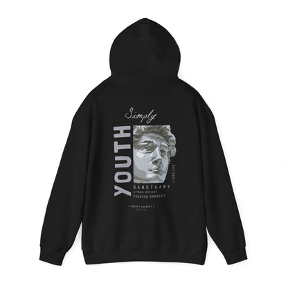 Chic black back print hoodie featuring an intricate graphic design with the word 'Youth', blending art and fashion in a luxurious manner.