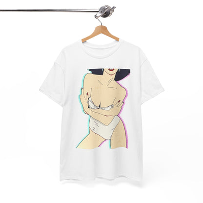 Hanging unisex t-shirt adorned with a suggestive vintage pin-up graphic, set against a soft pastel backdrop, perfect for urban street fashion.