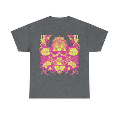 Skulls and Roses Cotton Tee in dark grey, showcasing a detailed pink skull entwined with roses, a stylish choice for modern gothic fashion enthusiasts.