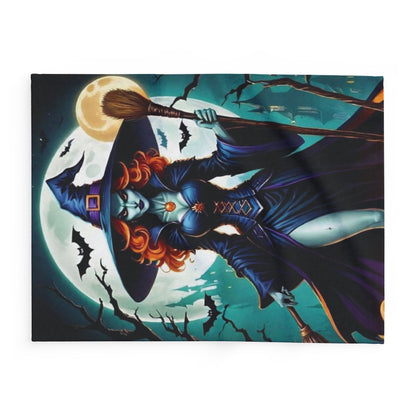 Stylish Decorative and Warm Halloween Cute Arctic Fleece Blanket showcasing a captivating witch amidst bats and dark trees, ideal for luxurious Halloween celebrations.