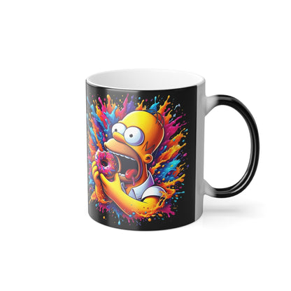 Another angle of the Homer Simpson 11oz Colour Morphing Mug highlighting its playful design with Homer and his donut, perfect for adding a touch of whimsy to your luxury beverage routine.