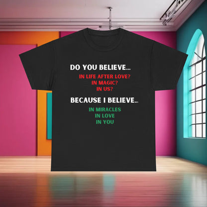 Urban Unisex Cotton Lyrics Graphic T-Shirt displayed elegantly in a vibrant setting, featuring inspiring lyrics design, ideal for stylish casual wear.