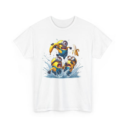Mens Funny T-Shirt: Minions Banana Splash depicts adorable Minions in a fun water splash scene, making it a perfect choice for casual outings. This funny and vibrant t-shirt is ideal for all Minions enthusiasts.