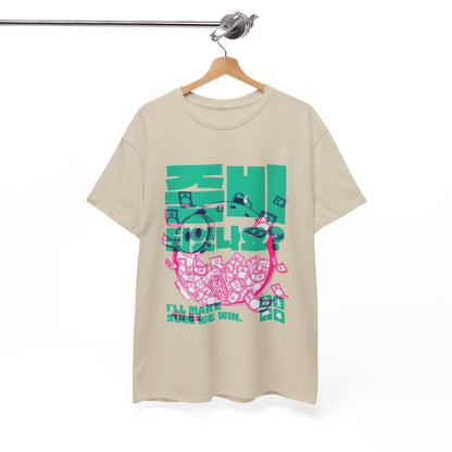 Stylish unisex graphic t-shirt inspired by the Squid Game series, featuring vibrant teal and pink designs on a beige fabric, perfect for a chic urban look.