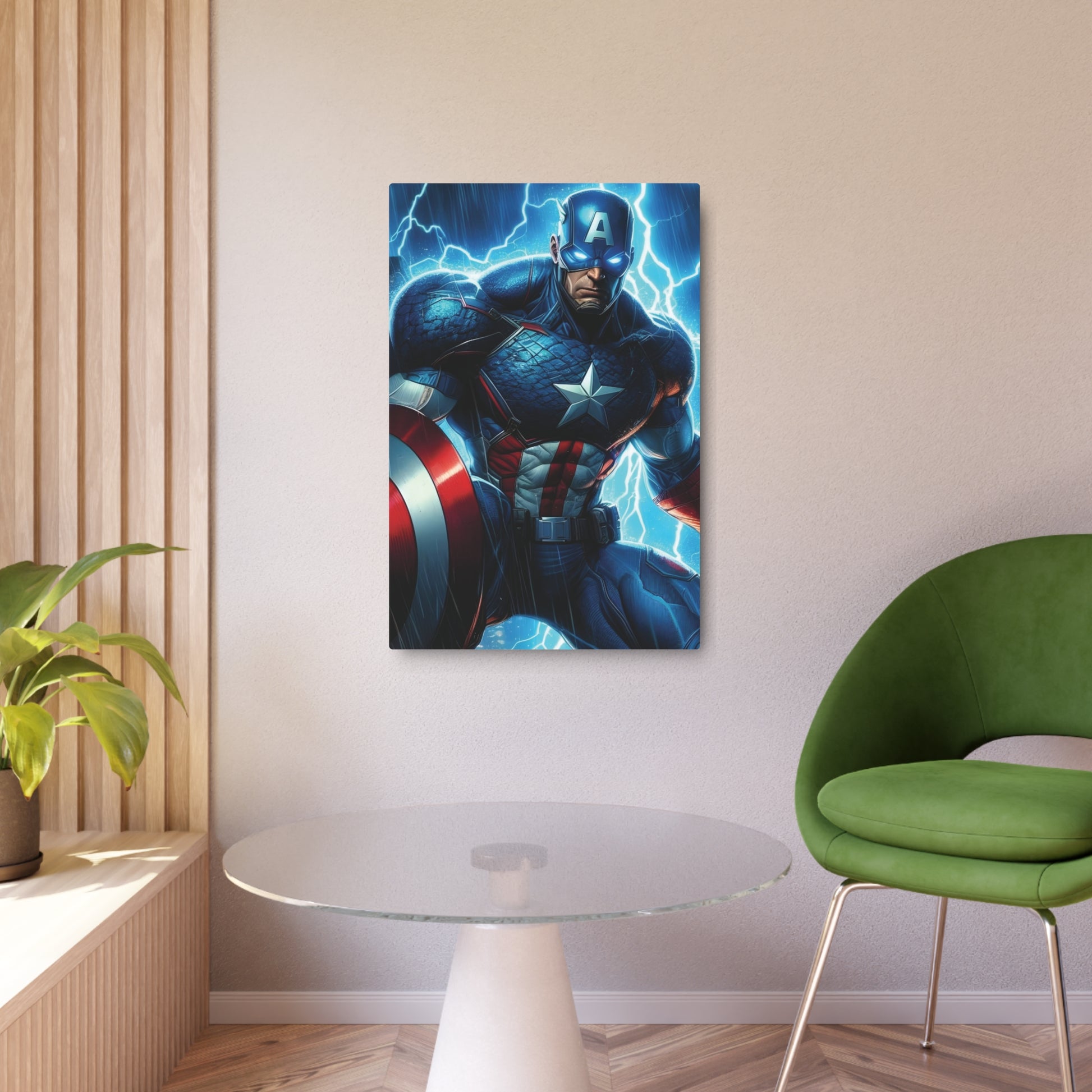 Marvel Captain America Metal Art Poster displayed in a stylish interior, illustrating its premium quality and contemporary design.