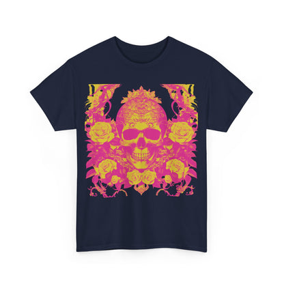 Front view of the Skulls and Roses Cotton Tee, unisex graphic shirt featuring a vibrant pink skull design with roses.