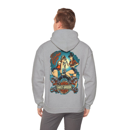 Chic grey hoodie worn by a male model, displaying a vibrant vintage back print featuring pin-up women and motorcycle motifs, exuding sophistication and edge.