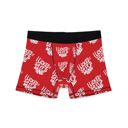 Valentines Naughty Cheeky Men's Boxer Briefs, featuring the playful statement 'I LICKED IT SO IT'S MINE' in bold white text on a vibrant red background, perfect for romantic occasions.
