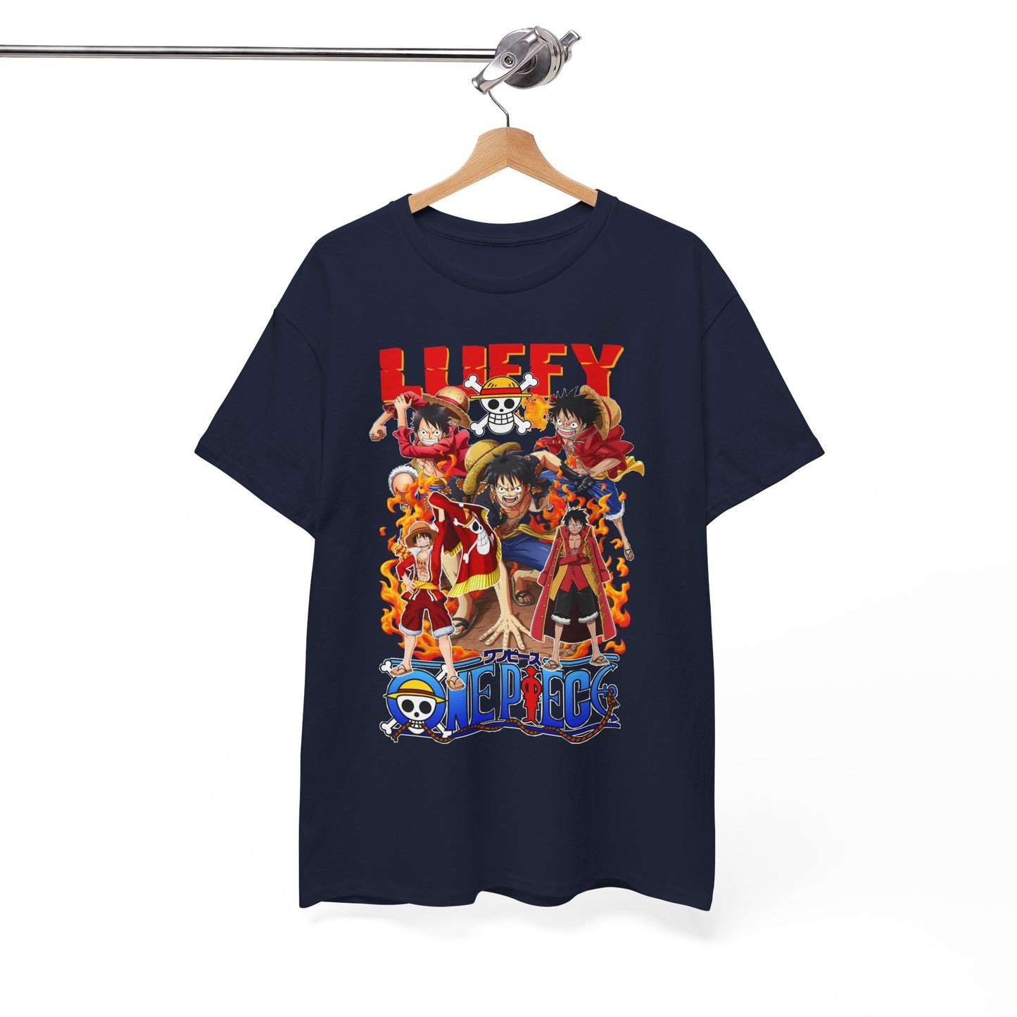Navy blue t-shirt elegantly displayed on a hanger, featuring vibrant anime characters set against a fiery backdrop, a statement piece for anime lovers.