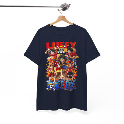 Navy blue t-shirt elegantly displayed on a hanger, featuring vibrant anime characters set against a fiery backdrop, a statement piece for anime lovers.