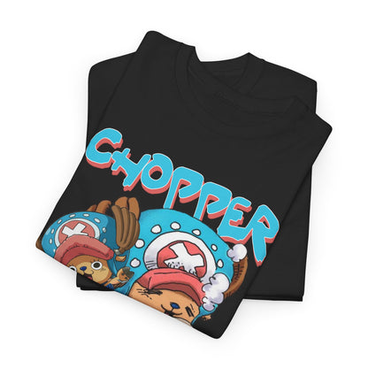 Luxury-styled folded black t-shirt showcasing a vibrant graphic of Chopper, accentuating its playful design and comfortable fabric ideal for casual elegance.