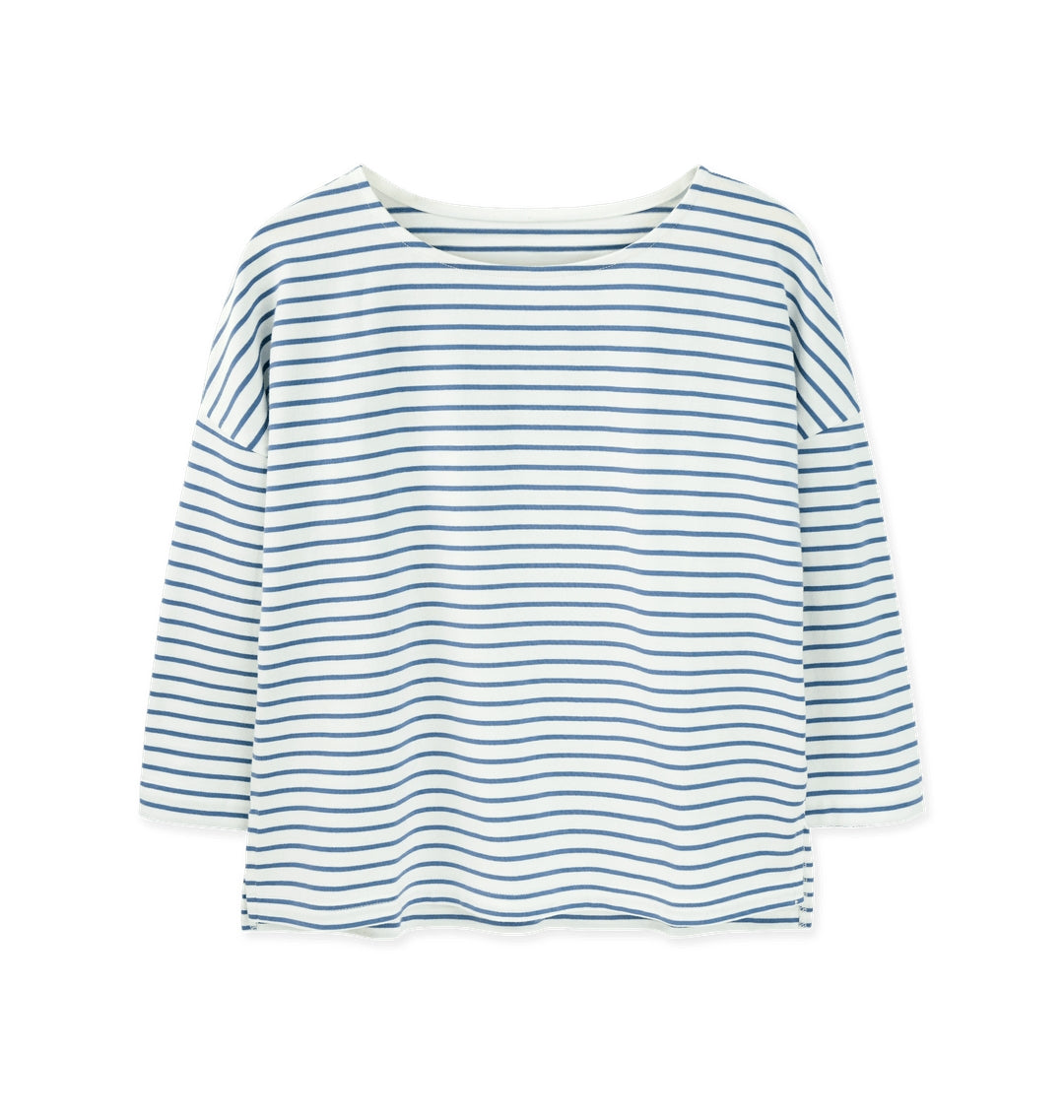 Sophisticated striped boat neck top crafted from organic cotton, embodying luxury and sustainability.