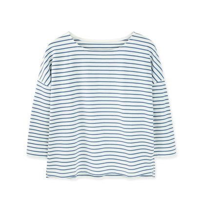Sophisticated striped boat neck top crafted from organic cotton, embodying luxury and sustainability.