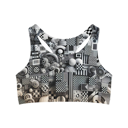 Valentina Belleveau Chic Sports Bra featuring bold modern patterns in black and white, designed for ultimate comfort and support during workouts.