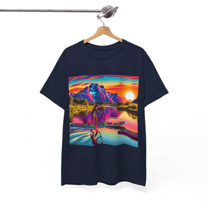 Close-up of the stunning design on the Luxury Paddleboarding Scene Graphic T-Shirt, crafted by Dazzling Dreams Studio for a stylish outdoor lifestyle.