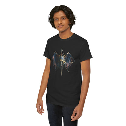 Elegant young male wearing the 'Warlord's Wail' graphic t-shirt, bringing the bold emblem to life, perfect for those who embrace fantasy fashion in their wardrobe.