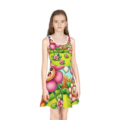 Iris Bloomfield Girls Floral Sundress featuring vibrant cartoon designs, perfect for summer styling by Dazzling Dreams Studio.