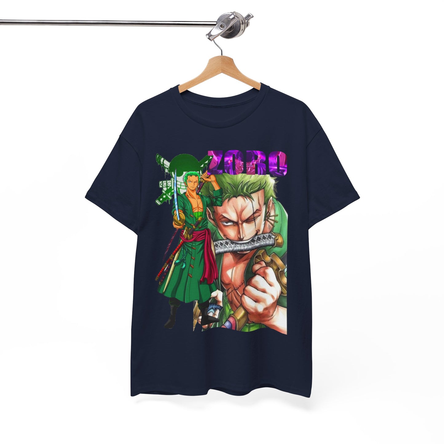 Refined Roronoa Zoro graphic t-shirt hung elegantly, featuring an eye-catching design with rich colours, perfect for making a stylish statement.