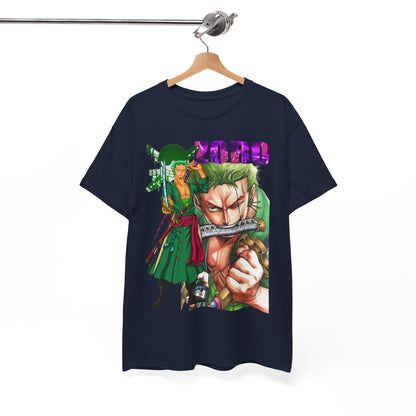 Refined Roronoa Zoro graphic t-shirt hung elegantly, featuring an eye-catching design with rich colours, perfect for making a stylish statement.