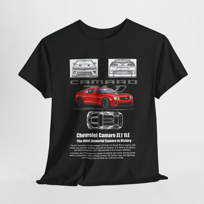 Elegant black Chevrolet Camaro ZL1 1LE men's t-shirt showcasing a vibrant red Camaro illustration, featuring detailed design elements and luxury branding text, perfect for automotive enthusiasts.