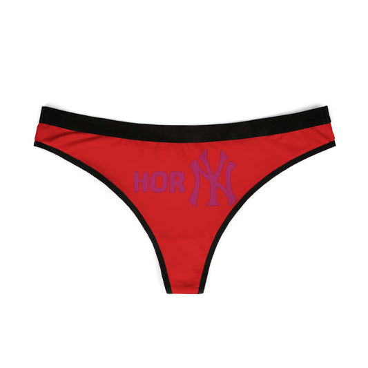Elegant red women's thong panties displaying 'Horny' text with a fashionable sporty twist, perfect for adding cheeky flair to your wardrobe.