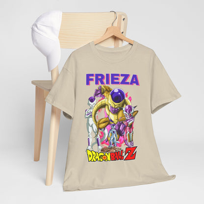 Chic Dragon Ball Z T-shirt featuring Frieza, styled on a wooden chair alongside a white cap, presenting a fashionable ensemble for casual outings.