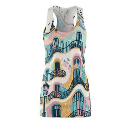 Sebastian Valente Barcelona Racerback Dress showcasing an artistic design inspired by Gaudi's curves, beautifully highlighting its vibrant colours and intricate patterns.