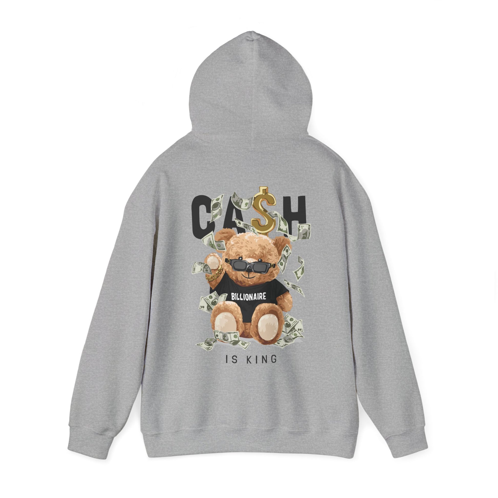 Innovative grey hoodie with a vibrant teddy bear design, surrounded by dollar bills, promoting an aura of playful luxury and casual elegance.