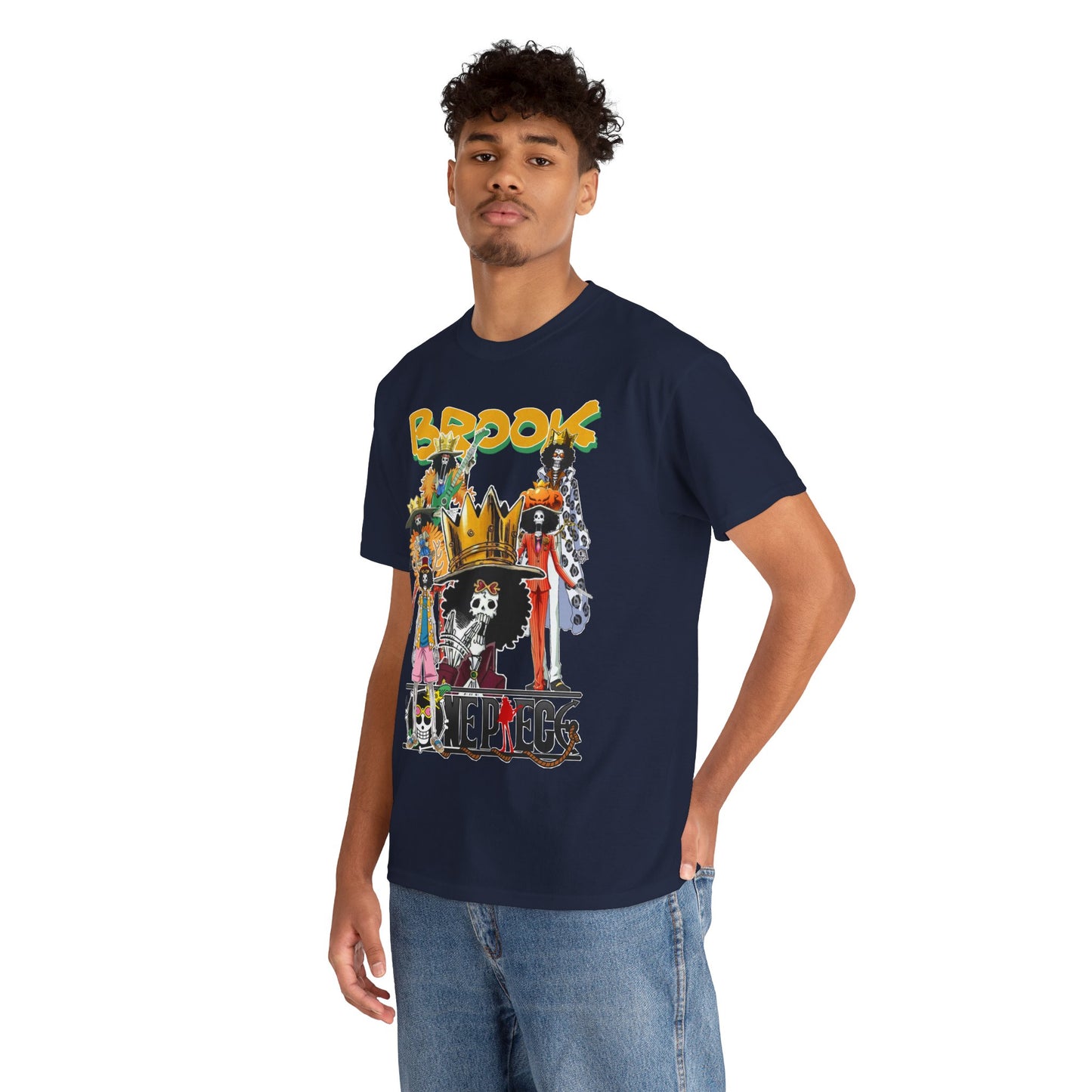 Elegant model wearing a navy blue t-shirt adorned with a lively Brook character collage, embodying an adventurous spirit and contemporary fashion.