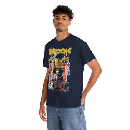 Elegant model wearing a navy blue t-shirt adorned with a lively Brook character collage, embodying an adventurous spirit and contemporary fashion.