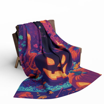 Decorative and Warm Halloween Spooky Arctic Fleece Blanket draped over a stylish chair, showcasing enchanting Halloween motifs like pumpkins and bats, ideal for a cosy luxury ambience this Halloween.