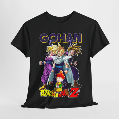 Luxurious black T-shirt featuring a stunning graphic of Gohan and other iconic Dragon Ball Z characters, highlighted by bold typography and vibrant colours.