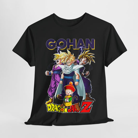 Luxurious black T-shirt featuring a stunning graphic of Gohan and other iconic Dragon Ball Z characters, highlighted by bold typography and vibrant colours.