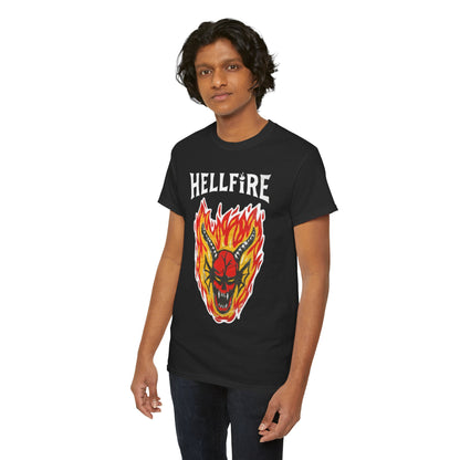 Male model wearing a Hellfire Club T-shirt, featuring a vibrant demonic design, merging stylish streetwear with the nostalgia of classic horror themes.