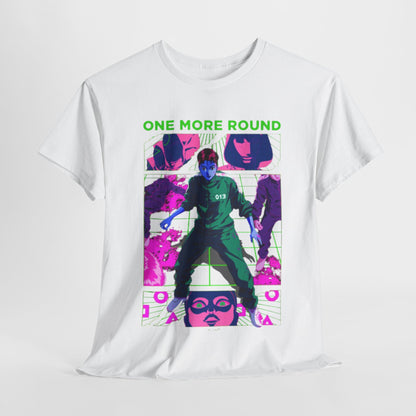 Elegant Squid Game graphic tee featuring a striking visual design with a central figure in a vibrant green outfit, surrounded by stylised characters in bold pink and purple hues, ideal for fans of contemporary streetwear.