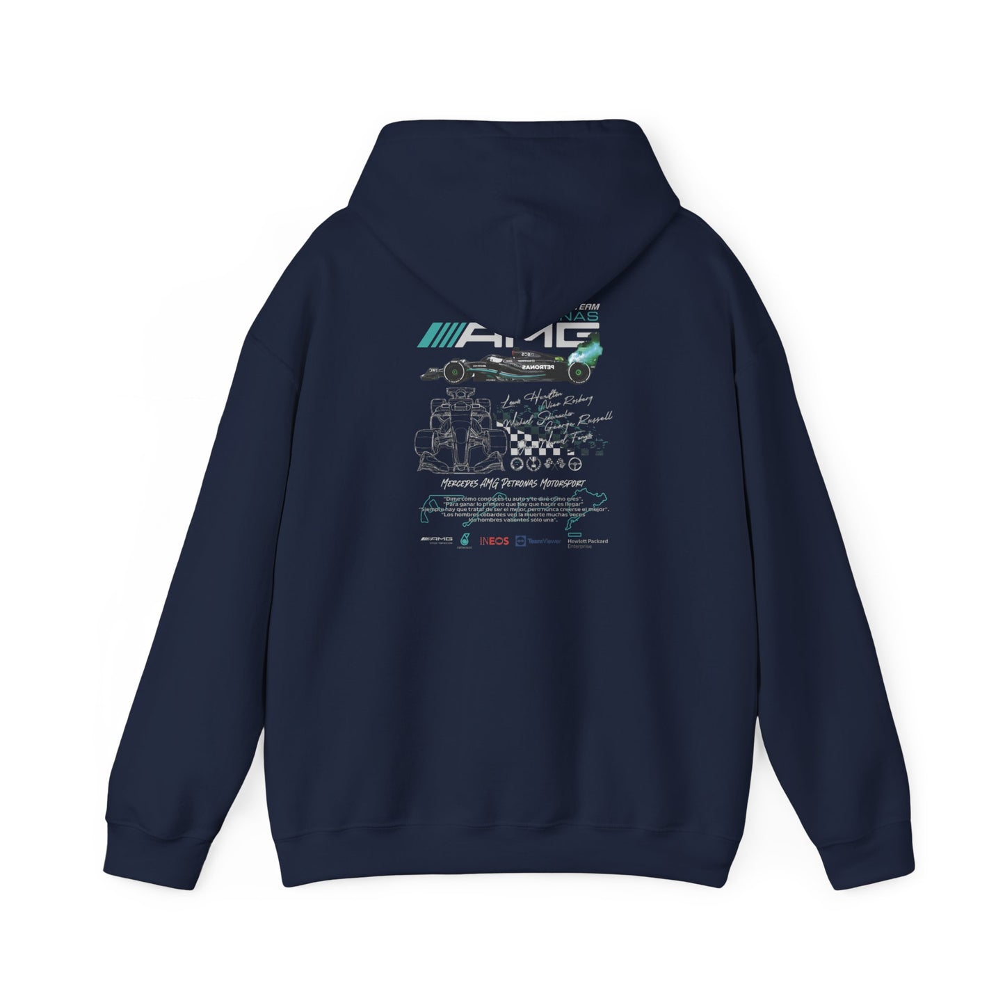 Refined navy hoodie adorned with a detailed graphic highlighting Mercedes AMG Petronas F1, perfect for the discerning fan.