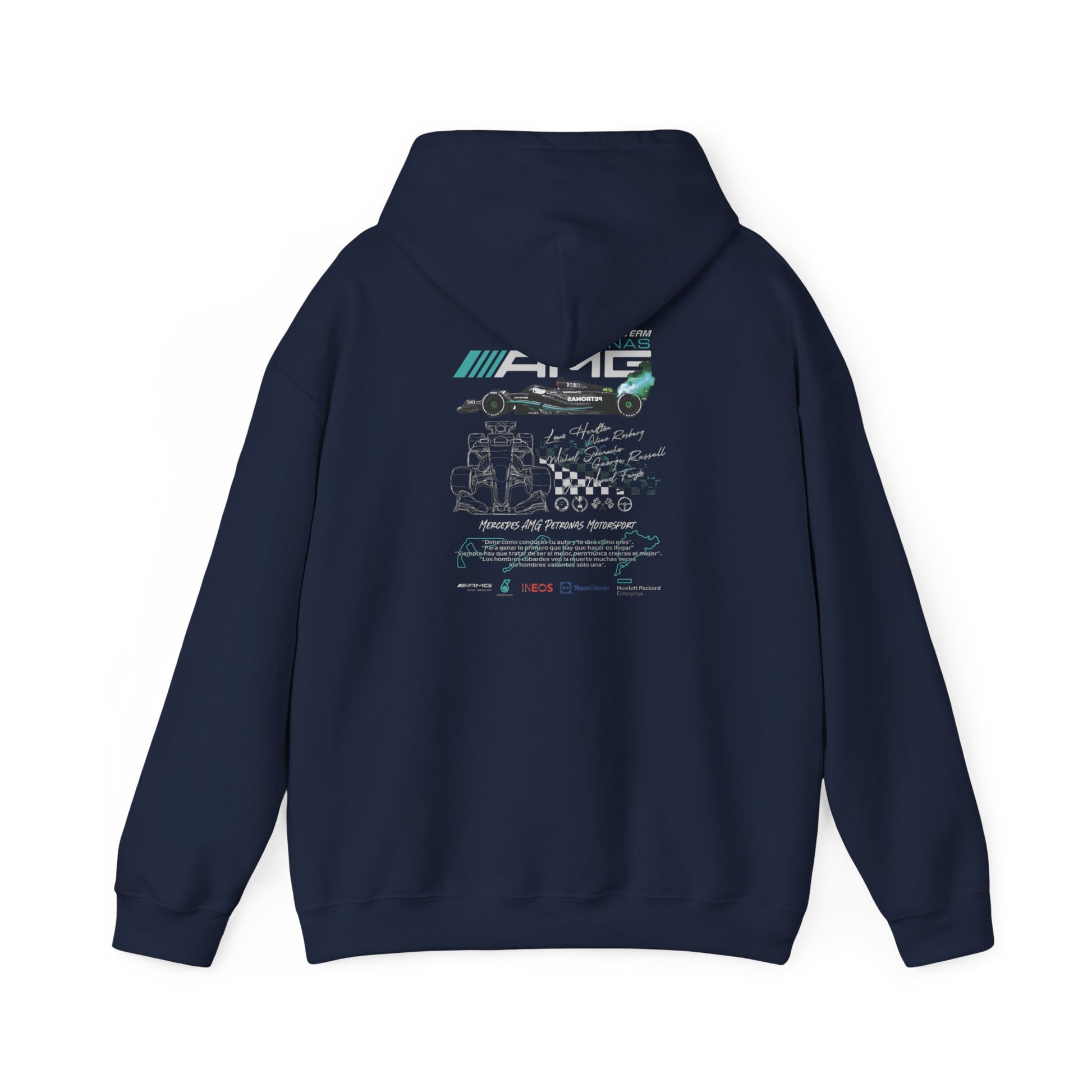 Refined navy hoodie adorned with a detailed graphic highlighting Mercedes AMG Petronas F1, perfect for the discerning fan.