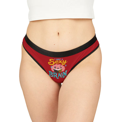 Luxurious red thong with playful graphic design featuring the phrase 'I have a sexy brain', perfect for cheeky Valentine's gifts or intimate celebrations.